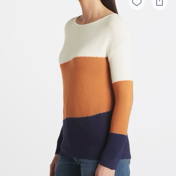 Cream and Orange Crew Neck Colorblock Sweater - Picture 3 of 5